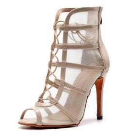 Woman High Top Latin Dance Shoes Red Black Ballroom Dance Boots Women Salsa Tango Dancing Shoes Girls Soft Bottom Party Sandals (Shoe Size: 9.5, Color: beige-11cm)