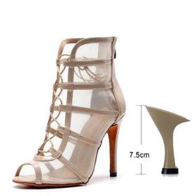 Woman High Top Latin Dance Shoes Red Black Ballroom Dance Boots Women Salsa Tango Dancing Shoes Girls Soft Bottom Party Sandals (Shoe Size: 7, Color: beige-7.5cm)