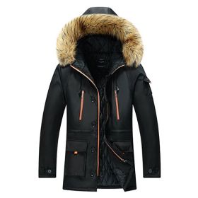 Men's winter thickened cotton parka coat mid-length cotton hooded cotton jacket solid color middle-aged and elderly coat (Color: Black, size: 2XL)