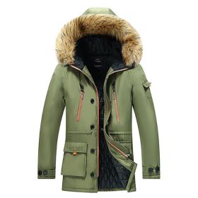 Men's winter thickened cotton parka coat mid-length cotton hooded cotton jacket solid color middle-aged and elderly coat (Color: Green, size: M)