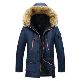Men's winter thickened cotton parka coat mid-length cotton hooded cotton jacket solid color middle-aged and elderly coat (Color: Navy, size: L)