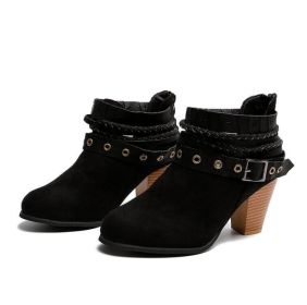 Belt Buckle Thick Heel Martin Boots (Color: Black, size: US-6.5)