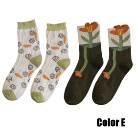 2 Pairs Women Socks 2022 New Crew Socks For Women Spring Fashion Cute Socks Flower Cotton Korean Style Breathable Casual Trendy (Color: E)