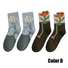 2 Pairs Women Socks 2022 New Crew Socks For Women Spring Fashion Cute Socks Flower Cotton Korean Style Breathable Casual Trendy (Color: B)