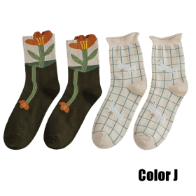 2 Pairs Women Socks 2022 New Crew Socks For Women Spring Fashion Cute Socks Flower Cotton Korean Style Breathable Casual Trendy (Color: J)