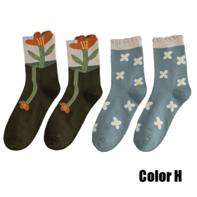 2 Pairs Women Socks 2022 New Crew Socks For Women Spring Fashion Cute Socks Flower Cotton Korean Style Breathable Casual Trendy (Color: H)