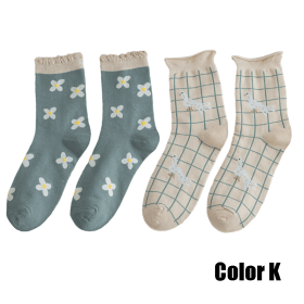 2 Pairs Women Socks 2022 New Crew Socks For Women Spring Fashion Cute Socks Flower Cotton Korean Style Breathable Casual Trendy (Color: K)