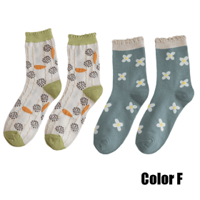 2 Pairs Women Socks 2022 New Crew Socks For Women Spring Fashion Cute Socks Flower Cotton Korean Style Breathable Casual Trendy (Color: F)