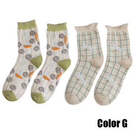 2 Pairs Women Socks 2022 New Crew Socks For Women Spring Fashion Cute Socks Flower Cotton Korean Style Breathable Casual Trendy (Color: G)