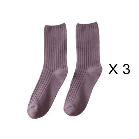 3 Pairs/Lot Socks Sets Women Solid Color Elegant Retro Long Cotton Women Socks Breathable Japanese Style Casual Cotton Long Sock (Color: Purple, size: One Size)