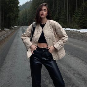 Women Coats Casual Winter Jacket Solid Round Neck Button Long Sleeve Pocket Parkas Female 2022 Autumn Fashion Loose Lady Coat (Color: Khaki, size: M)