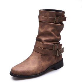 Women Leather Belt Buckle Rider Boots (Color: Color, size: 6.5)