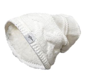 Fear0 NJ Warmest Fleece Insulated Lining Knit Cable Slouch Baggy Beanie Hat Women (Color: White)