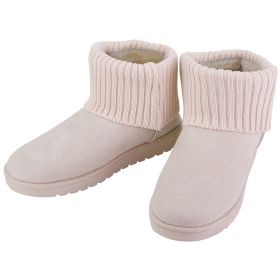Women Lady Snow Boots Suede Mid-Calf Boot Shoe Short Plush Warm Lining Shoes w/ Anti-slip Rubber Base Knitting Design (Color: Beige, size: 6)